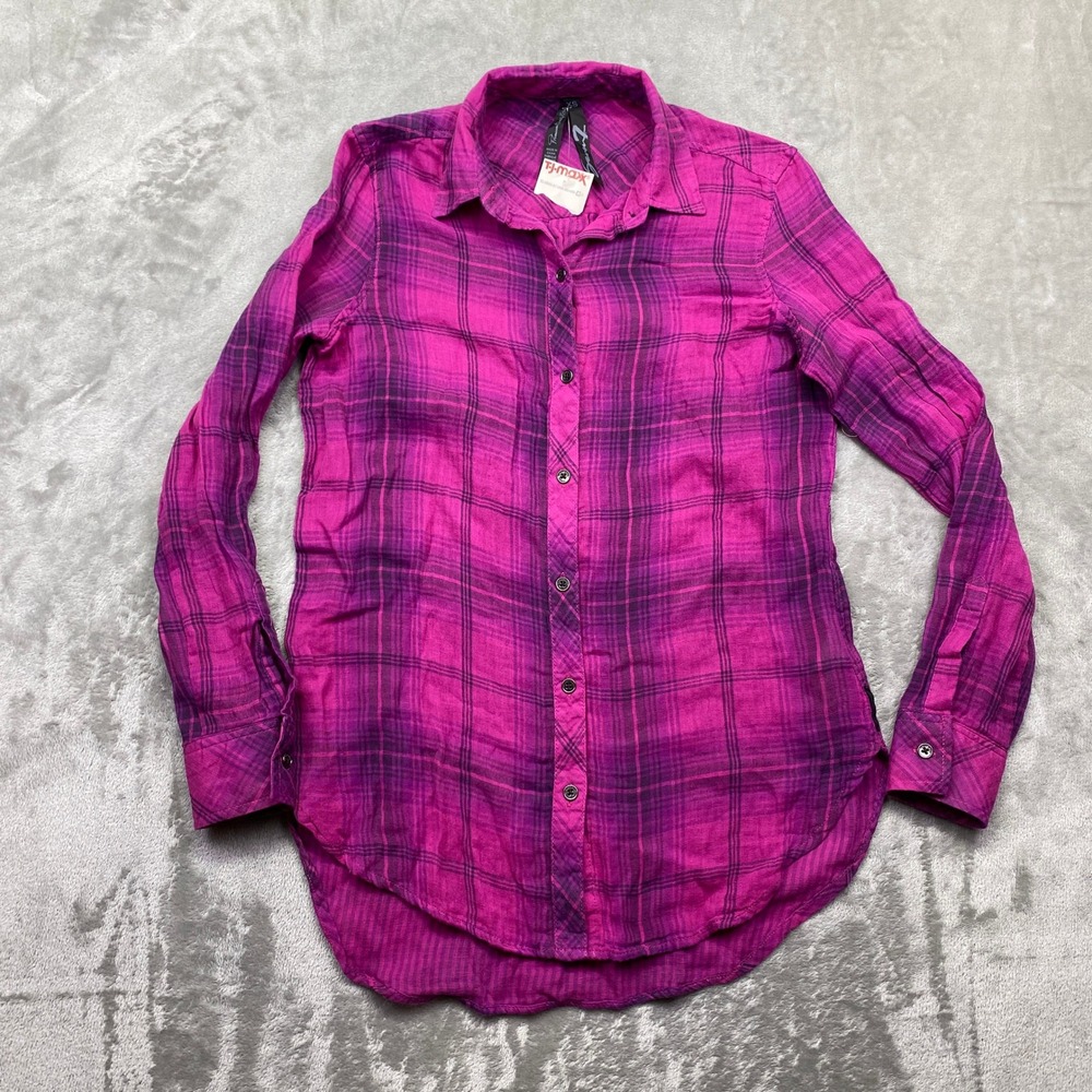 Seven7 Women Magenta Plaid Button Up Shirt Long Sleeve Cotton XS NWT Boho Preppy